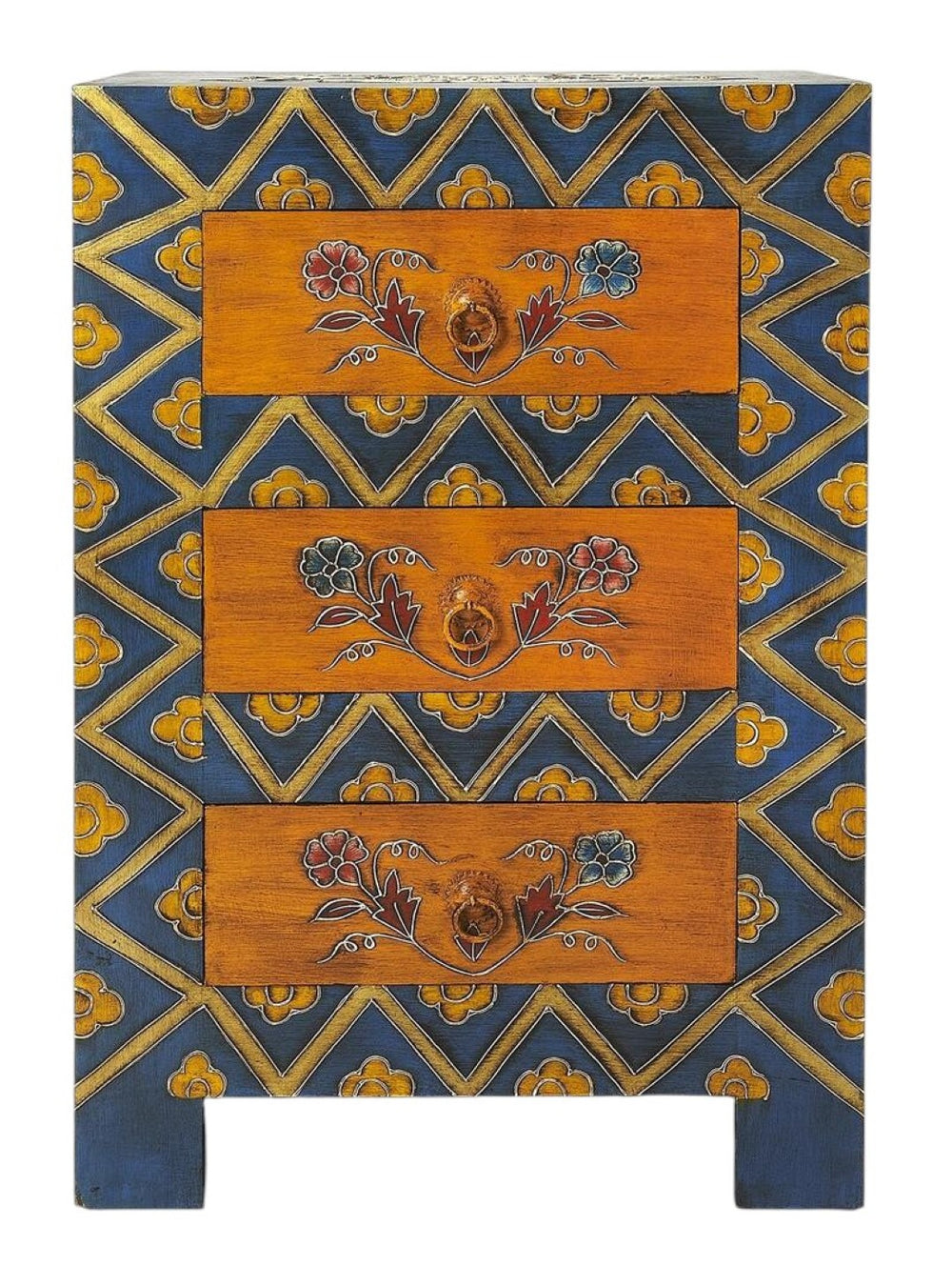 HomeRoots 20" Hand-Painted Blue & Brown Accent Cabinet with 3 Drawers - Vintage Charm for Any Room 383195