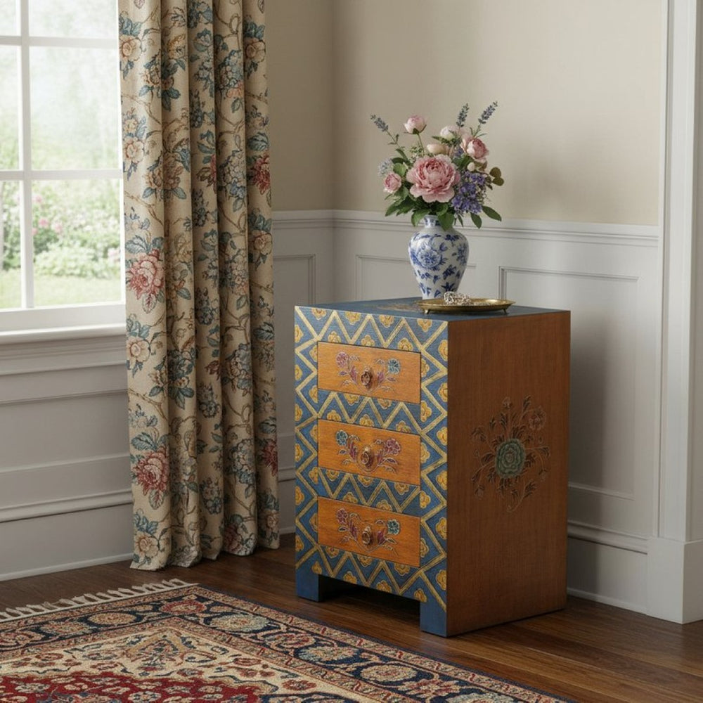 HomeRoots 20" Hand-Painted Blue & Brown Accent Cabinet with 3 Drawers - Vintage Charm for Any Room 383195