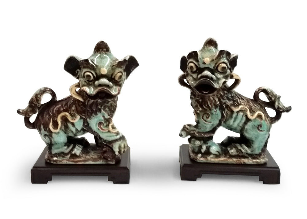 Chelsea House Chinese Hand-Painted Porcelain Dogs In Antiqued Mint Green Crackle Glaze, Pair On Composite Bases, 13" 383204