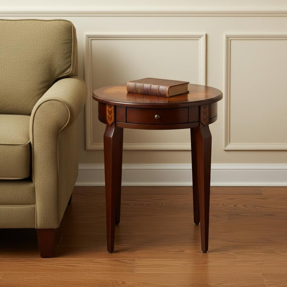 HomeRoots 24" Brown Round End Table with Drawer - Artisan Geometric Inlay, Elegant Tapered Legs, Versatile Accent Piece 383212
