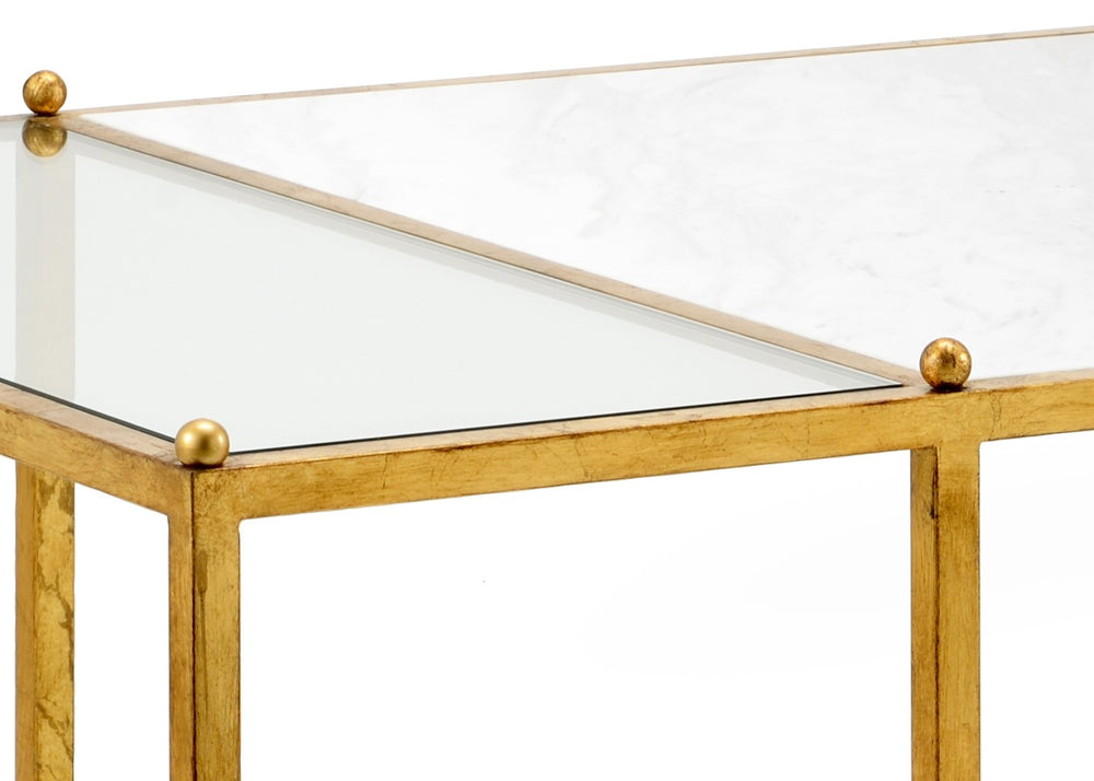 Chelsea House Directoire Antique Gold Stripe Coffee Table With White Marble Top & Glass Shelf — Jamie Merida Design 383227