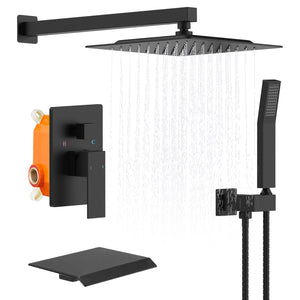 English Elm Rain 10-Inch Square Shower System with Waterfall Tub Spout, Handheld Sprayer, Pressure-Balanced Valve Combo Matte Black T3177P269099