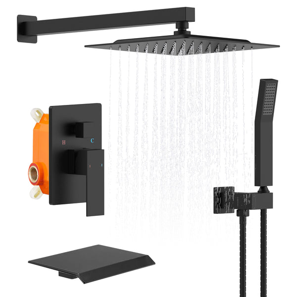 English Elm Rain 10-Inch Square Shower System with Waterfall Tub Spout, Handheld Sprayer, Pressure-Balanced Valve Combo Matte Black T3177P269099