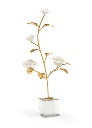 Chelsea House Rose Porcelain Sculpture In Crystal Stand — Handcrafted Matte White Blooms, Antique Gold Stem Accent 383257
