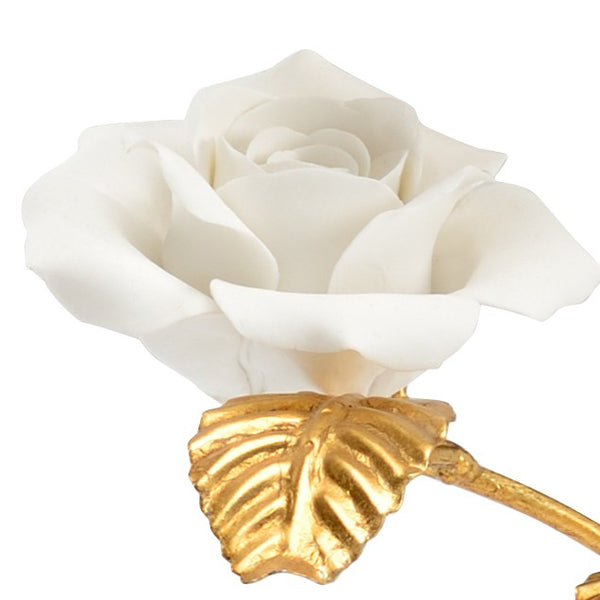 Chelsea House Rose Porcelain Sculpture In Crystal Stand — Handcrafted Matte White Blooms, Antique Gold Stem Accent 383257