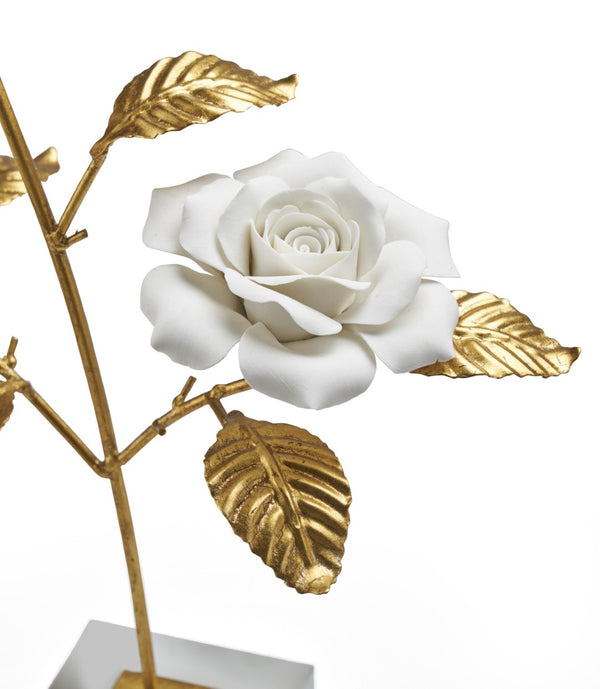 Chelsea House Rose Porcelain Sculpture In Crystal Stand — Handcrafted Matte White Blooms, Antique Gold Stem Accent 383257