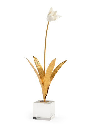 Chelsea House Tulip Handcrafted Porcelain Accent With Matte White Blossom, Antique Gold Stem On Crystal Stand, 23.5" 383259