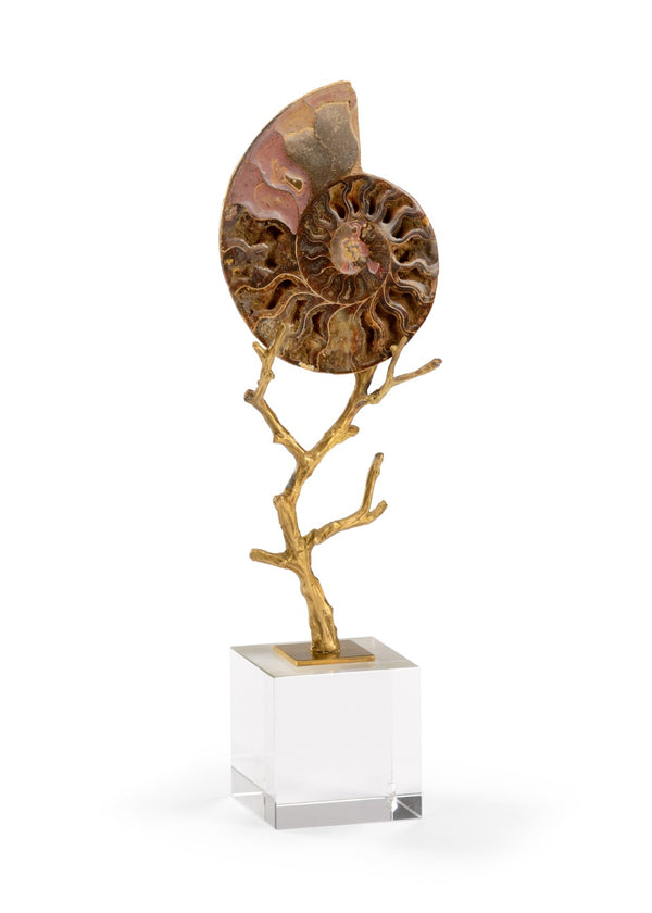 Chelsea House Small Ammonoidea Fossil Sculpture On Brass Stem With Crystal Base — Elegant Museum-Quality Decor, 14" 383264