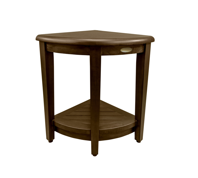 Homeroots Curvilinear Dark Brown Teak 18" Corner Shower Bench With Shelf  Solid Wood 383307