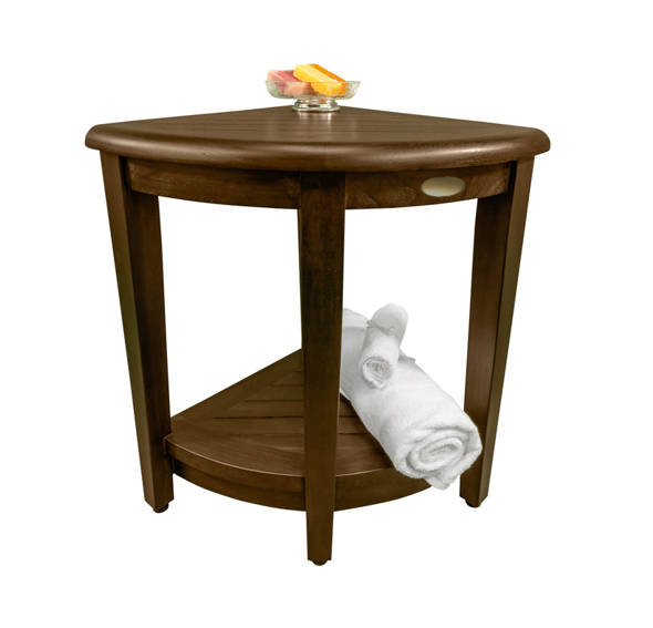 Homeroots Curvilinear Dark Brown Teak 18" Corner Shower Bench With Shelf  Solid Wood 383307