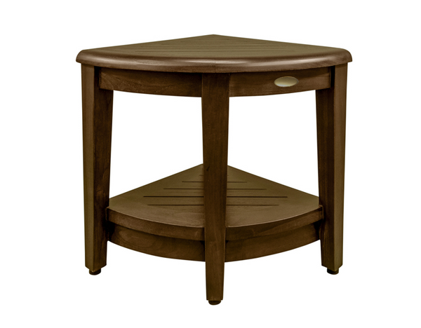 Homeroots Curvilinear Dark Brown Teak 18" Corner Shower Bench With Shelf  Solid Wood 383308