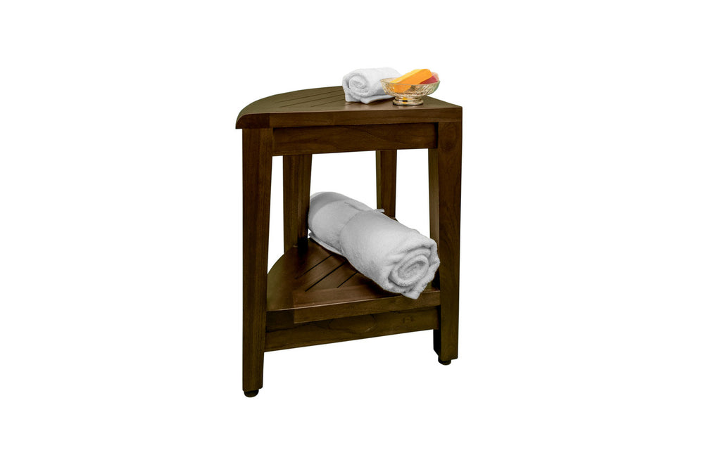 Homeroots Curvilinear Dark Brown Teak 18" Corner Shower Bench With Shelf  Solid Wood 383308