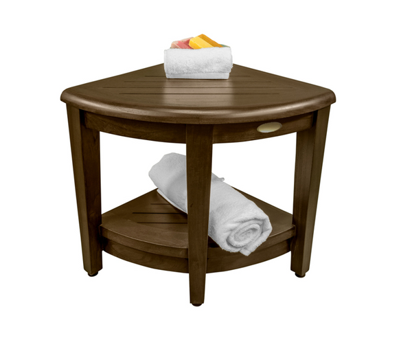 Homeroots Curvilinear Dark Brown Teak 18" Corner Shower Bench With Shelf  Solid Wood 383308