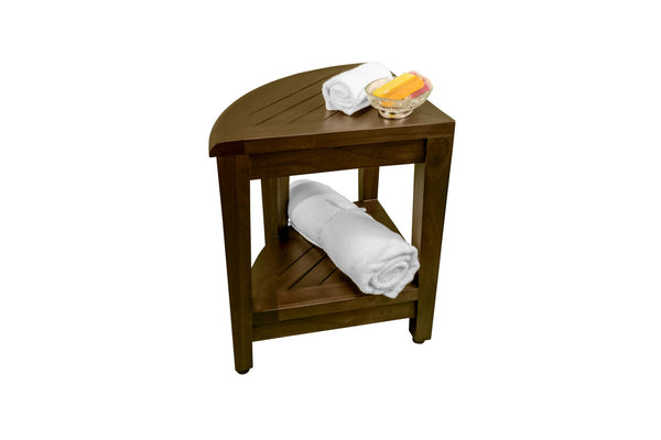 Homeroots Curvilinear Dark Brown Teak 18" Corner Shower Bench With Shelf  Solid Wood 383308