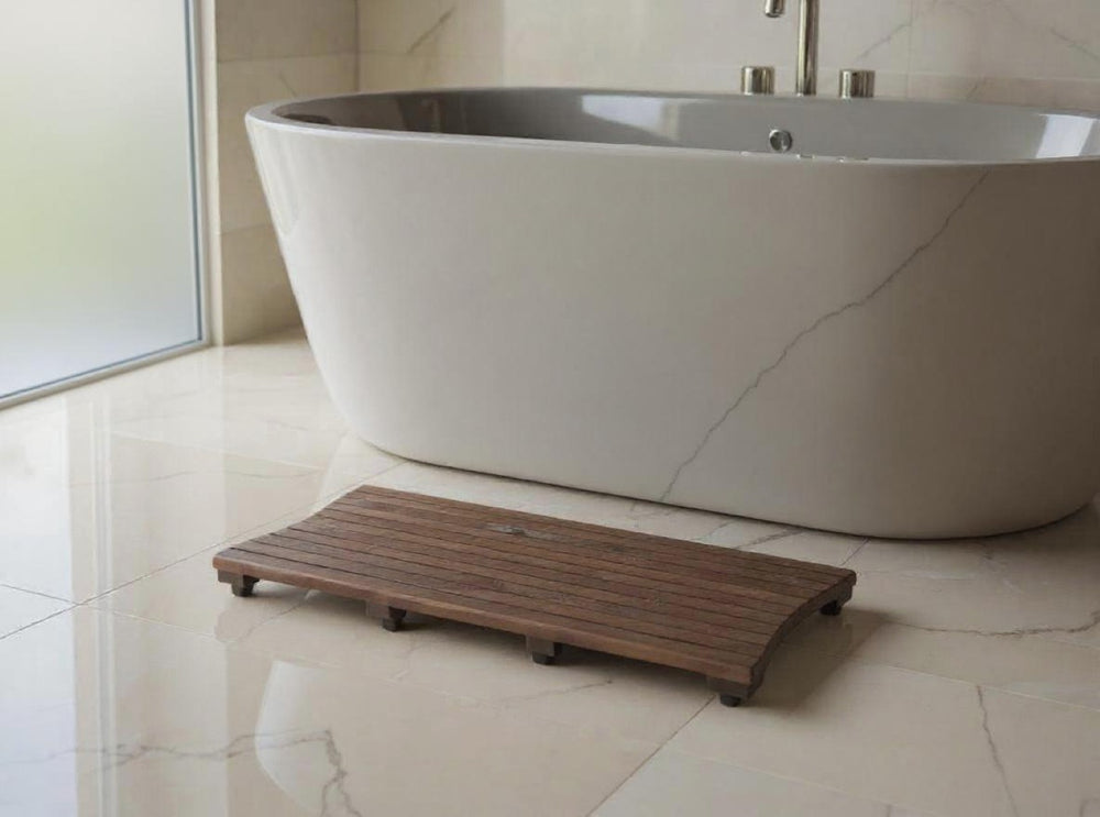 HomeRoots 31" Dark Brown Teak Slat Non-Slip Bath Mat - Elegant Spa-Quality Design for Safe, Stylish Spaces 383327