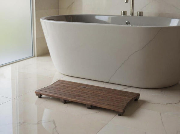 HomeRoots 31" Dark Brown Teak Slat Non-Slip Bath Mat - Elegant Spa-Quality Design for Safe, Stylish Spaces 383327