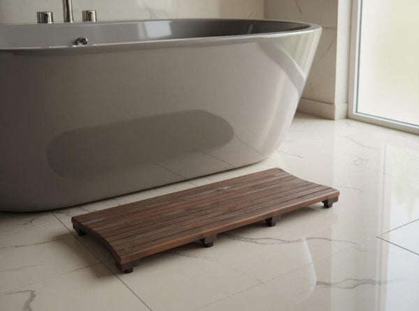 HomeRoots 40" Dark Brown Teak Slat Bath Mat – Non-Slip, Water-Resistant Design for Indoor & Outdoor Use 383328