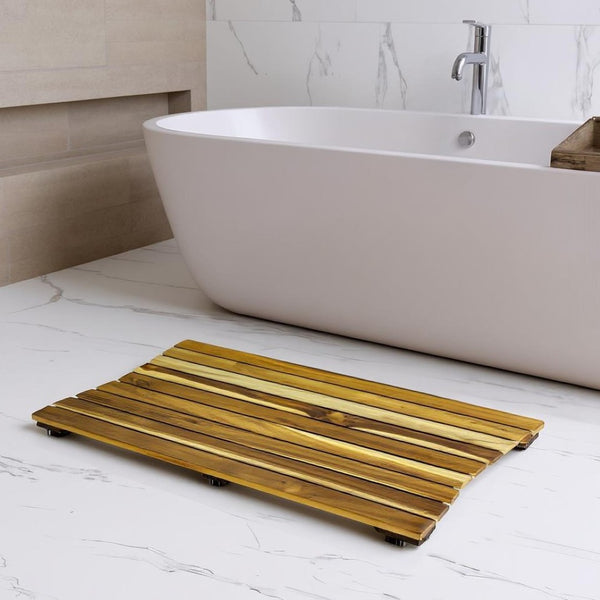 HomeRoots 23" Brown Teak Slat Bath Mat – Non-Slip, Water-Resistant, Elegant Spa Aesthetic for Indoor & Outdoor Use 383340