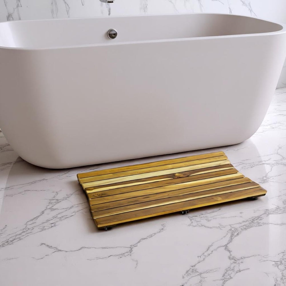 HomeRoots 31" Brown Teak Slat Bath Mat - Slip-Resistant, Water-Resistant, Indoor/Outdoor Use for Safety & Style 383341
