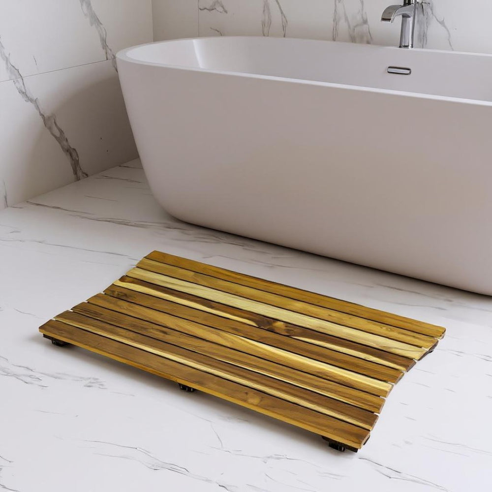 HomeRoots 40" Brown Teak Slat Bath Mat - Elegant Non-Slip Comfort for Safe Showers, Tubs, and Poolside Areas 383342