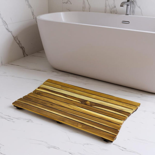 HomeRoots 40" Brown Teak Slat Bath Mat - Elegant Non-Slip Comfort for Safe Showers, Tubs, and Poolside Areas 383342