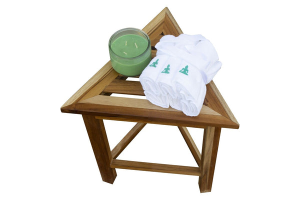 Homeroots Hotel Natural Teak 18" Triangle Corner Shower Bench Or Shelf  Solid Wood 383343