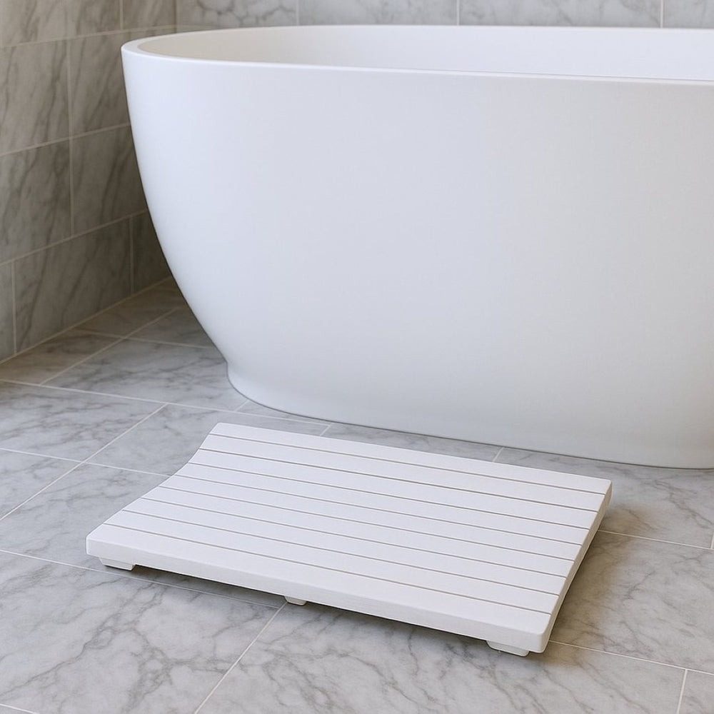 HomeRoots 23" White Teak Slat Bath Mat - Stylish Non-Slip Design for Spa-Like Comfort & Safety in Any Space 383347