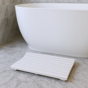 HomeRoots 23" White Teak Slat Bath Mat - Stylish Non-Slip Design for Spa-Like Comfort & Safety in Any Space 383347