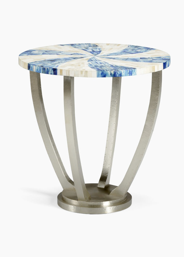 Chelsea House Blue Blue Swirl Side Table With Hand-Applied Bone Inlay Top & Silver-Plated Wood Base, 24.5"H 383354