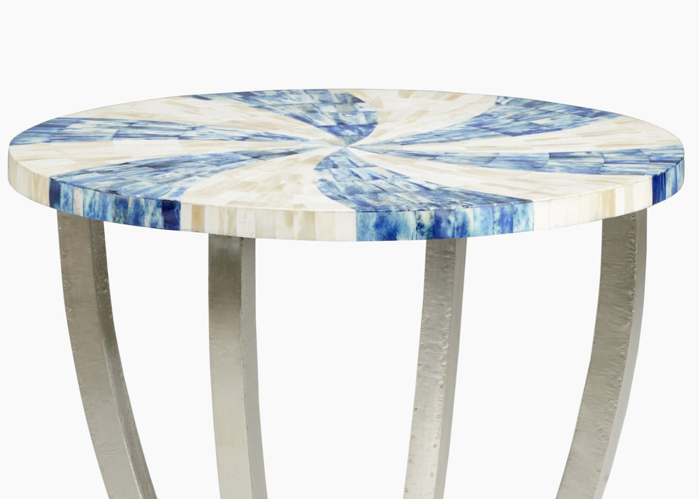 Chelsea House Blue Blue Swirl Side Table With Hand-Applied Bone Inlay Top & Silver-Plated Wood Base, 24.5"H 383354