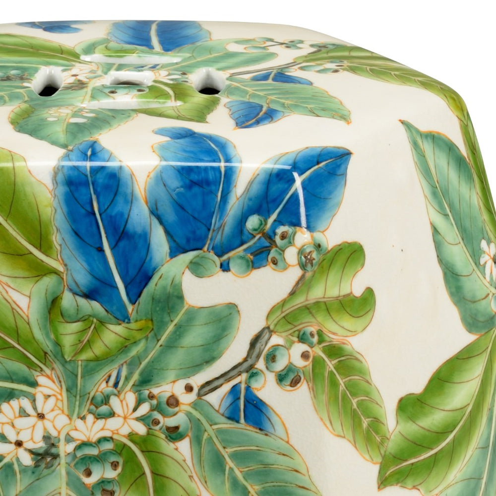 Chelsea House Floral Porcelain Garden Seat With Hand-Painted Botanical Motif, Crackle Glaze Stool For Indoors Outdoors 383369