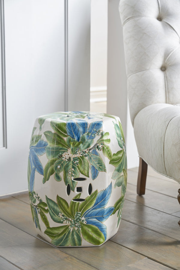 Chelsea House Floral Porcelain Garden Seat With Hand-Painted Botanical Motif, Crackle Glaze Stool For Indoors Outdoors 383369