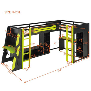 English Elm L-shaped Gaming Loft Bunk Bed Twin Wood Frame Rgb Lighting Usb Ports Storage Shelves Green LT000295AAG