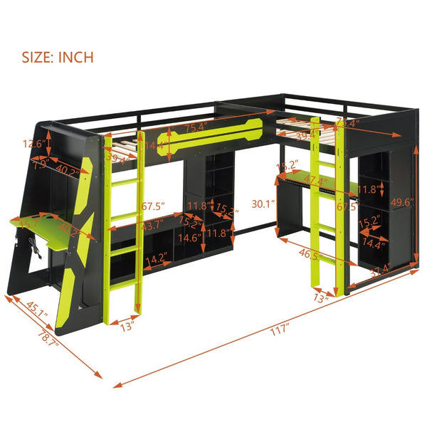 English Elm L-shaped Gaming Loft Bunk Bed Twin Wood Frame Rgb Lighting Usb Ports Storage Shelves Green LT000295AAG