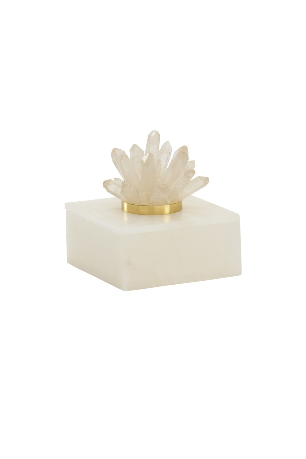 Chelsea House Alabaster Square Box With Natural Rock Crystal Handle & Antique Brass Band — Elegant Jewelry Keepsake Decor 383454