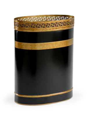 Chelsea House Robbins Black Lacquer Wastebasket With Antique Gold Fretwork Trim — Durable Iron, Classic Style, 15" H 383464