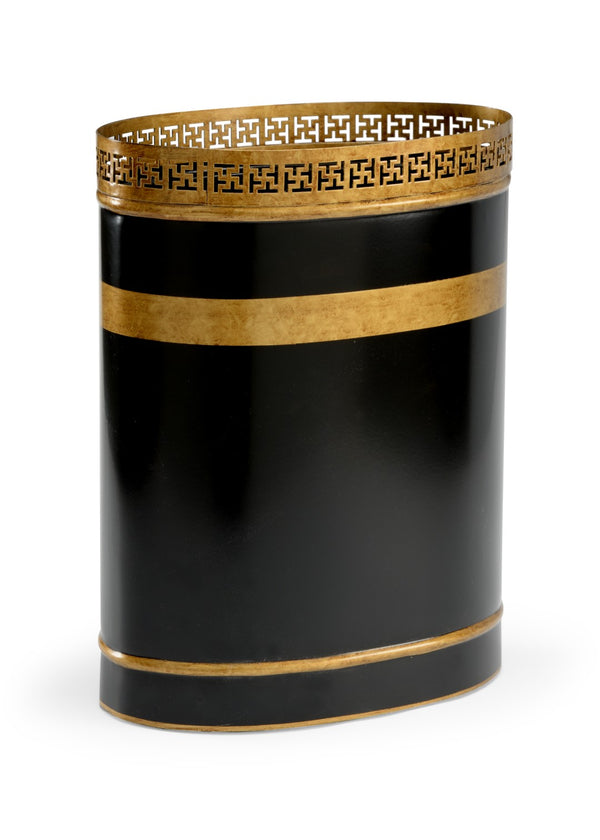 Chelsea House Robbins Black Lacquer Wastebasket With Antique Gold Fretwork Trim — Durable Iron, Classic Style, 15" H 383464
