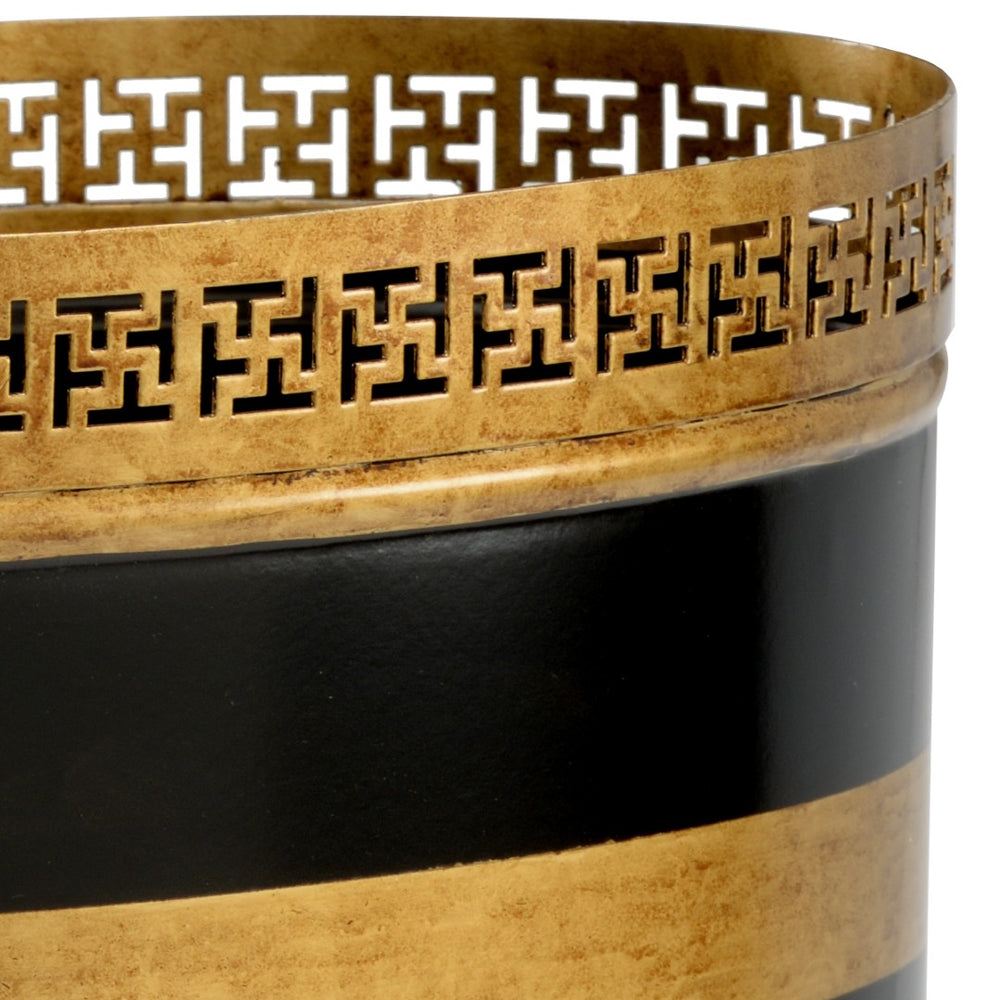 Chelsea House Robbins Black Lacquer Wastebasket With Antique Gold Fretwork Trim — Durable Iron, Classic Style, 15" H 383464