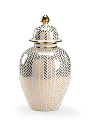 Chelsea House Herringbone Covered Urn By Claire Bell — White Glazed Ceramic With Metallic Gold Pattern, 21" Tall 383519