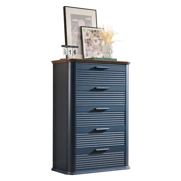 English Elm 6 Drawer Tall Fluted Chest with Waveform Fronts Slim Wooden Storage for Modern Bedroom Navy Blue T5326P425093