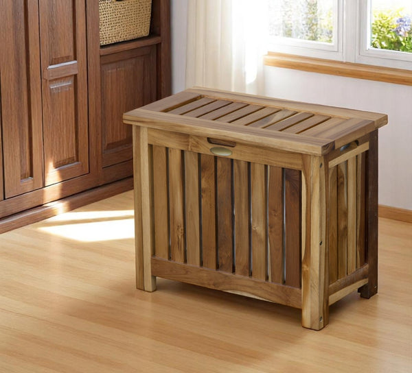 HomeRoots 23" Brown Solid Wood Laundry Hamper with Lid - Stylish, Space-Saving Design for Tidy Homes 383591