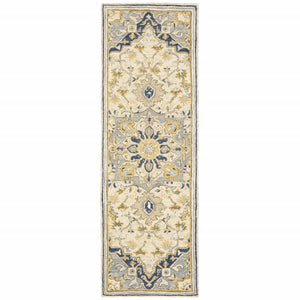 HomeRoots 3' Blue and Ivory Bohemian Runner Rug - Handcrafted Wool with Timeless Floral Motifs for Any Decor 2'6" x 8' 383593