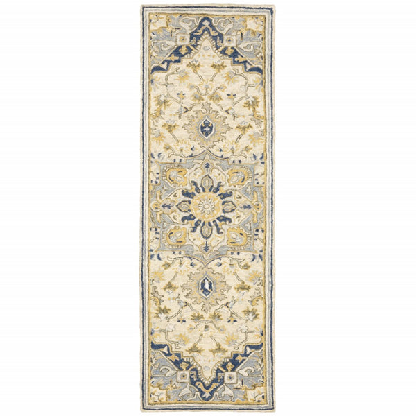 HomeRoots 3' Blue and Ivory Bohemian Runner Rug - Handcrafted Wool with Timeless Floral Motifs for Any Decor 2'6" x 8' 383593