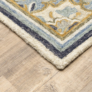 HomeRoots 3' Blue and Ivory Bohemian Runner Rug - Handcrafted Wool with Timeless Floral Motifs for Any Decor 2'6" x 8' 383593