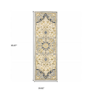 HomeRoots 3' Blue and Ivory Bohemian Runner Rug - Handcrafted Wool with Timeless Floral Motifs for Any Decor 2'6" x 8' 383593