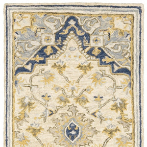 HomeRoots 3' Blue and Ivory Bohemian Runner Rug - Handcrafted Wool with Timeless Floral Motifs for Any Decor 2'6" x 8' 383593