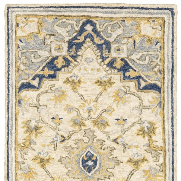 HomeRoots 3' Blue and Ivory Bohemian Runner Rug - Handcrafted Wool with Timeless Floral Motifs for Any Decor 2'6" x 8' 383593
