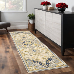 HomeRoots 3' Blue and Ivory Bohemian Runner Rug - Handcrafted Wool with Timeless Floral Motifs for Any Decor 2'6" x 8' 383593