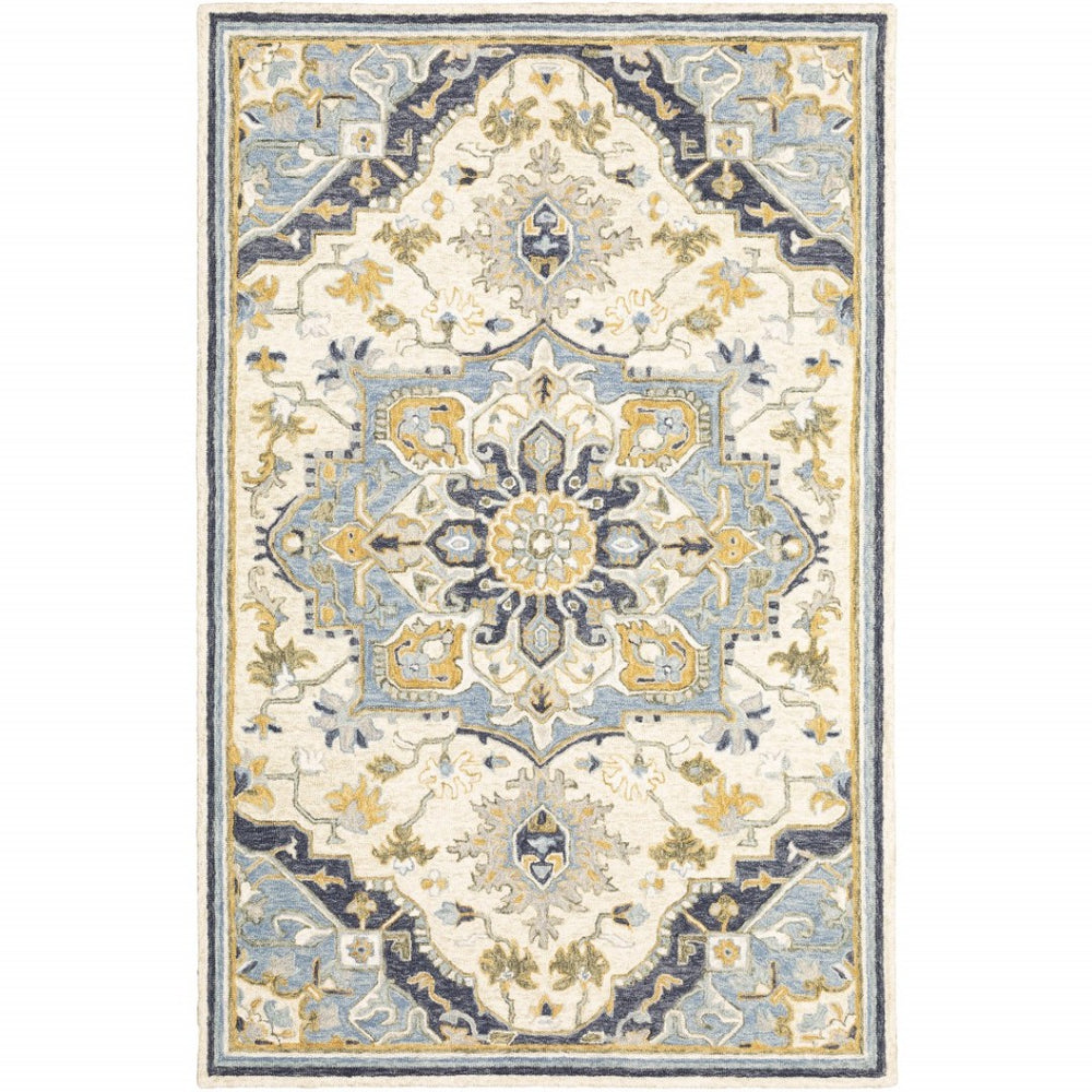 HomeRoots 3' Blue and Ivory Bohemian Runner Rug - Handcrafted Wool with Timeless Floral Motifs for Any Decor 3'6" x 5'6" 383594
