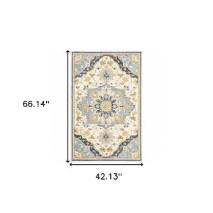 HomeRoots 3' Blue and Ivory Bohemian Runner Rug - Handcrafted Wool with Timeless Floral Motifs for Any Decor 3'6" x 5'6" 383594
